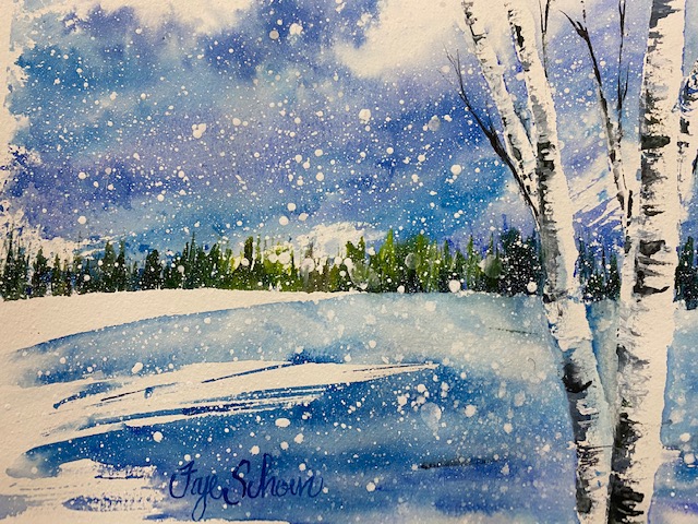 Watercolor painting of a winter scene.