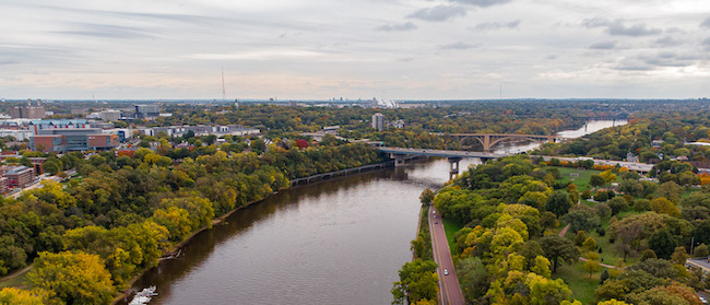 Aerial photo of the Mississippi River in Minneapolis.