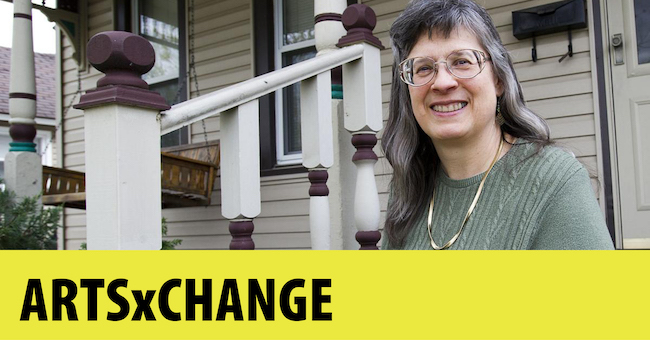 Photo of Terri Karsten with label "artsXchange"