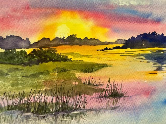 Watercolor painting, Sunset on the Mississippi, by Faye Schoen