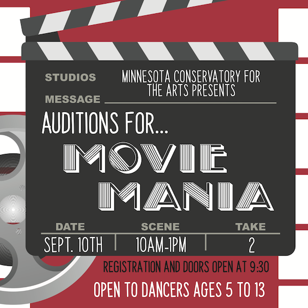 Graphic for MCA's Movie Mania dance auditions.