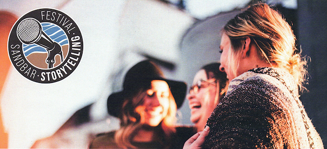 Photo showing three women smiling, outdoors, along with Sandbar Storytelling Festival's logo.