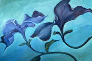 Bouyant Petunias, an oil painting by Donna Miliotis, with purple petunia flowers on a teal-blue background.