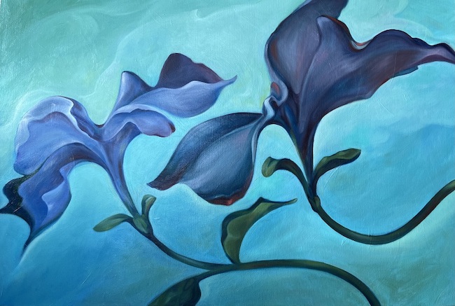 Bouyant Petunias, an oil painting by Donna Miliotis, with purple petunia flowers on a teal-blue background.