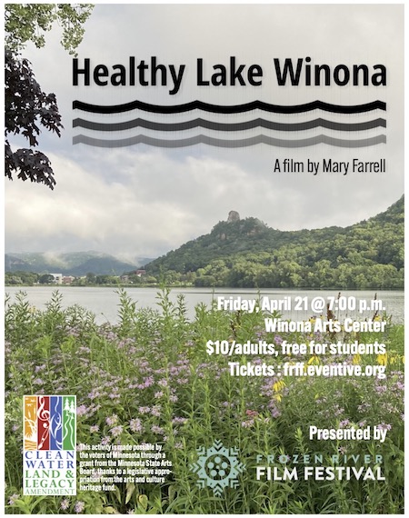 Poster for film screening of Healthy Lake Winona, with still from the film showing Lake Winona and Sugar Loaf.