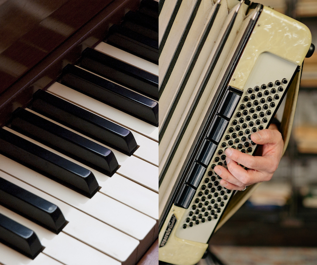 Photos of piano keys and a person's hand playing an accordion.