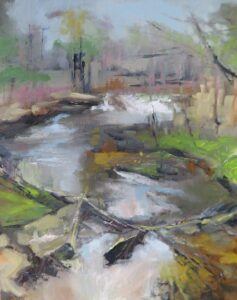 Landscape oil painting, Trout Falls along the La Crosse River, by Colleen Shore.