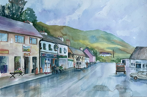 Watercolor painting of a rural village street by Jean Billman.