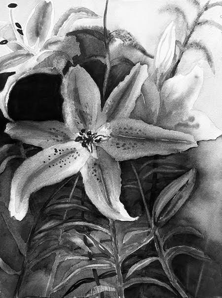 Black-and-white painted image of lilies by Jean Billman.