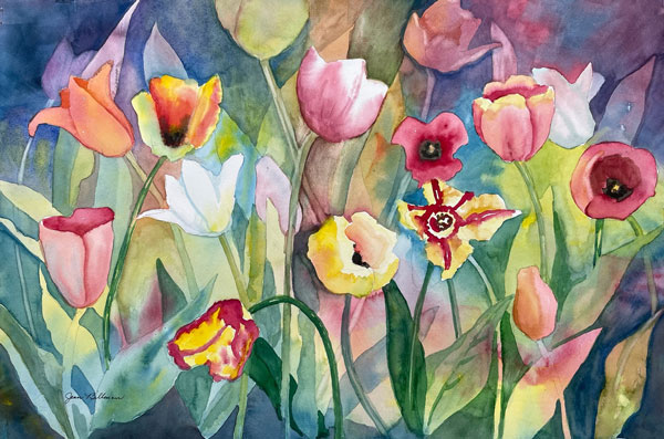 Watercolor painting of tulips by Jean Billman.