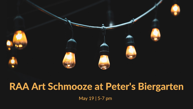 Image of string light with text about RAA Art Schmoozes at Peter's Biergarten.