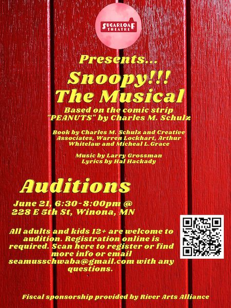Flyer for Snoopy!!! The Musical auditions.