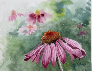 Watercolor painting of pink coneflowers (echinacea) by Faye Schoen.