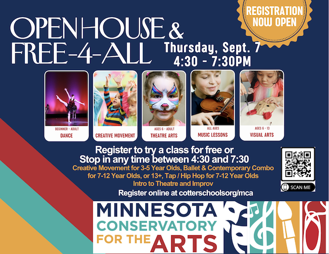 Graphic for MN Conservatory for the Arts Open House & Free-4-All event.