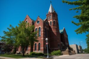 A photo near Patrick’s home from Paragraphica: https://camera.sandbox.noodl.app/ A morning photo taken at 661 West Wabasha Street, Winona. The weather is a clear sky with a temperature of 21 degrees c. The date is Friday 9 June 2023. There is a church, church and church nearby.