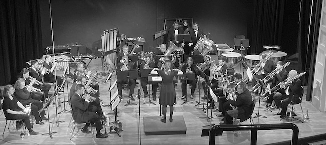Black-and-white photo of the Winona Brass Band performing.