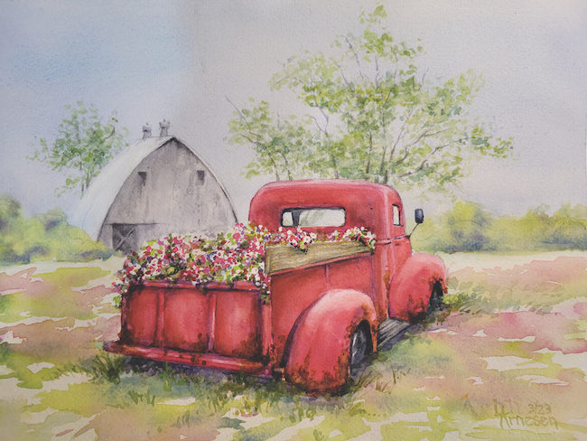 Watercolor painting of a red truck and barn, by Linda Arnesen.