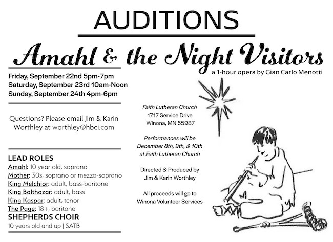 Flyer/graphic for Amahl and the Night Visitors auditions.