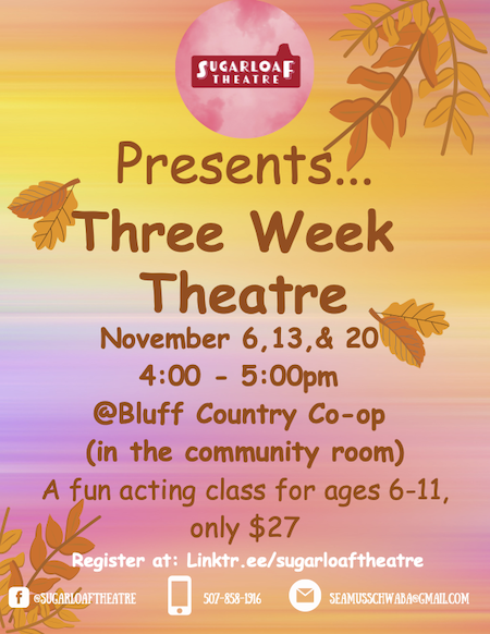 Poster for Sugarloaf Theatre's fall Three Week Theatre class.