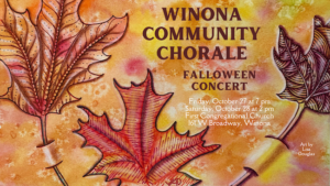 Winona Community Chorale Falloween Concert banner image with fall leaves art by Lisa Douglas.