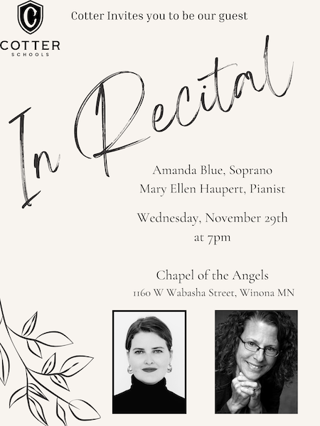 Poster for Amanda Blue & Mary Ellen Haupert recital.
