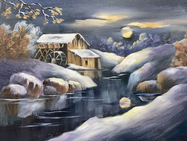An oil painting of a winter scene by Barb Halvorson.