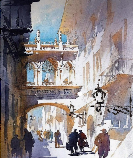 A watercolor painting of ornate buildings by Jeff Nelson.