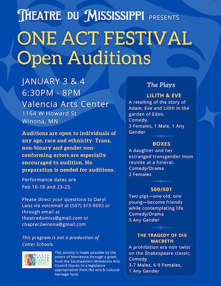 Flyer for Theatre du Mississippi One Act Festival auditions.