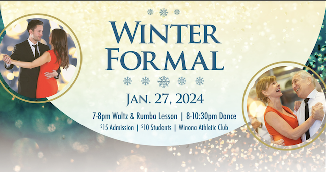 Graphic for River City Dancers Winter Formal, with photos of two couples dancing.
