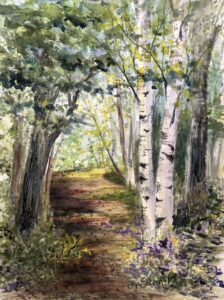 Watercolor painting by Faye Schoen of a forest path.