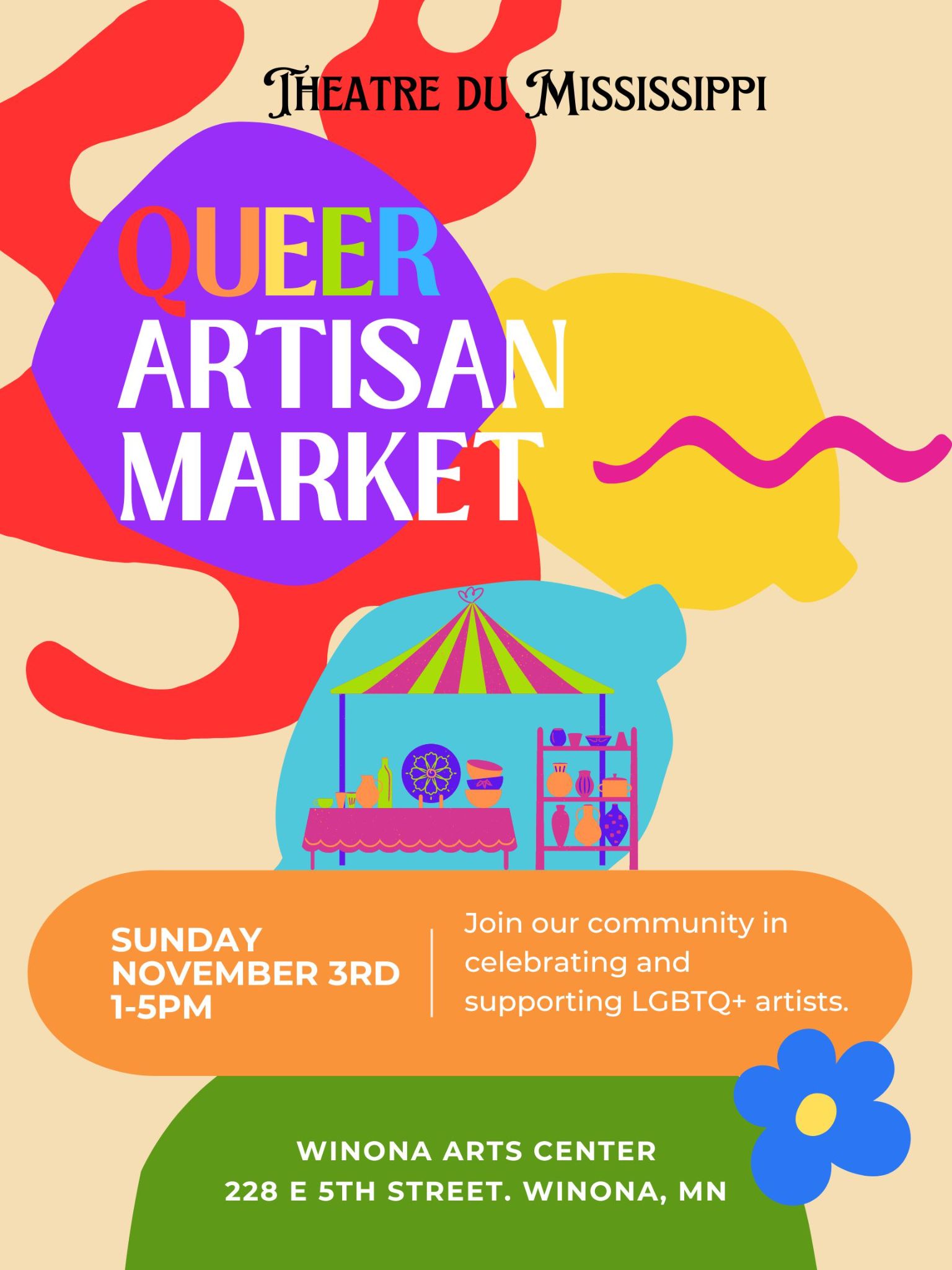 Flyer/graphic for Theatre du Mississippi's Queer Artisan Market.