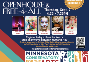 Graphic for MN Conservatory for the Arts Open House & Free-4-All event.