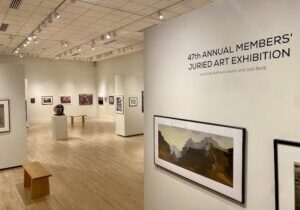 Image showing artworks displayed in a gallery with wall label text "47th Annual Members Juried Art Exhibition".