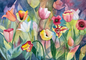 Watercolor painting of tulips by Jean Billman.