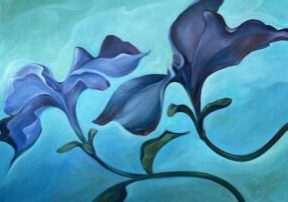 Bouyant Petunias, an oil painting by Donna Miliotis, with purple petunia flowers on a teal-blue background.