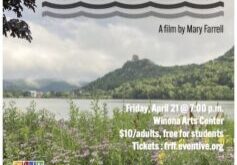 Poster for film screening of Healthy Lake Winona, with still from the film showing Lake Winona and Sugar Loaf.