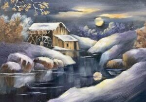 An oil painting of a winter scene by Barb Halvorson.