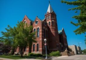 A photo near Patrick’s home from Paragraphica: https://camera.sandbox.noodl.app/ A morning photo taken at 661 West Wabasha Street, Winona. The weather is a clear sky with a temperature of 21 degrees c. The date is Friday 9 June 2023. There is a church, church and church nearby.