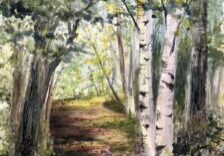 Watercolor painting by Faye Schoen of a forest path.