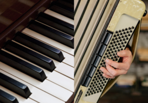 Photos of piano keys and a person's hand playing an accordion.