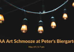 Image of string light with text about RAA Art Schmoozes at Peter's Biergarten.