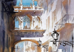 A watercolor painting of ornate buildings by Jeff Nelson.