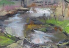 Landscape oil painting, Trout Falls along the La Crosse River, by Colleen Shore.