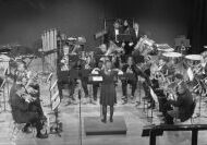 Black-and-white photo of the Winona Brass Band performing.