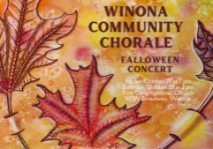 Winona Community Chorale Falloween Concert banner image with fall leaves art by Lisa Douglas.