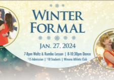 Graphic for River City Dancers Winter Formal, with photos of two couples dancing.