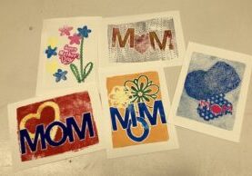 Photo of several monoprinted Mother's Day cards.